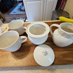 vintage creamer and sugar and two cups stoneware set has raised grapes around